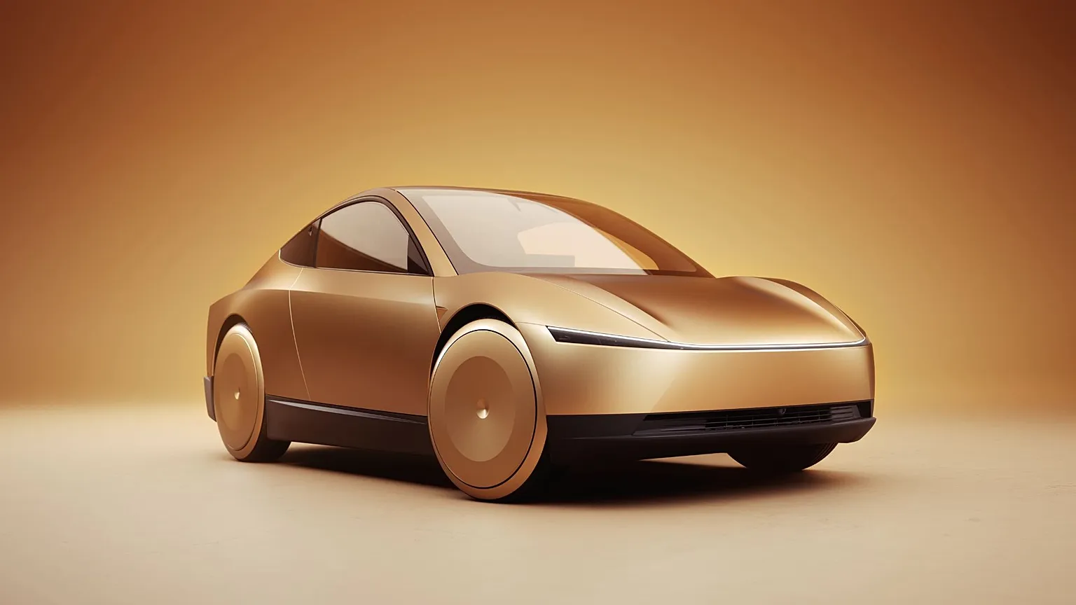 Gold Tesla Cybercab two-seat robotaxi studio render on a warm amber backdrop